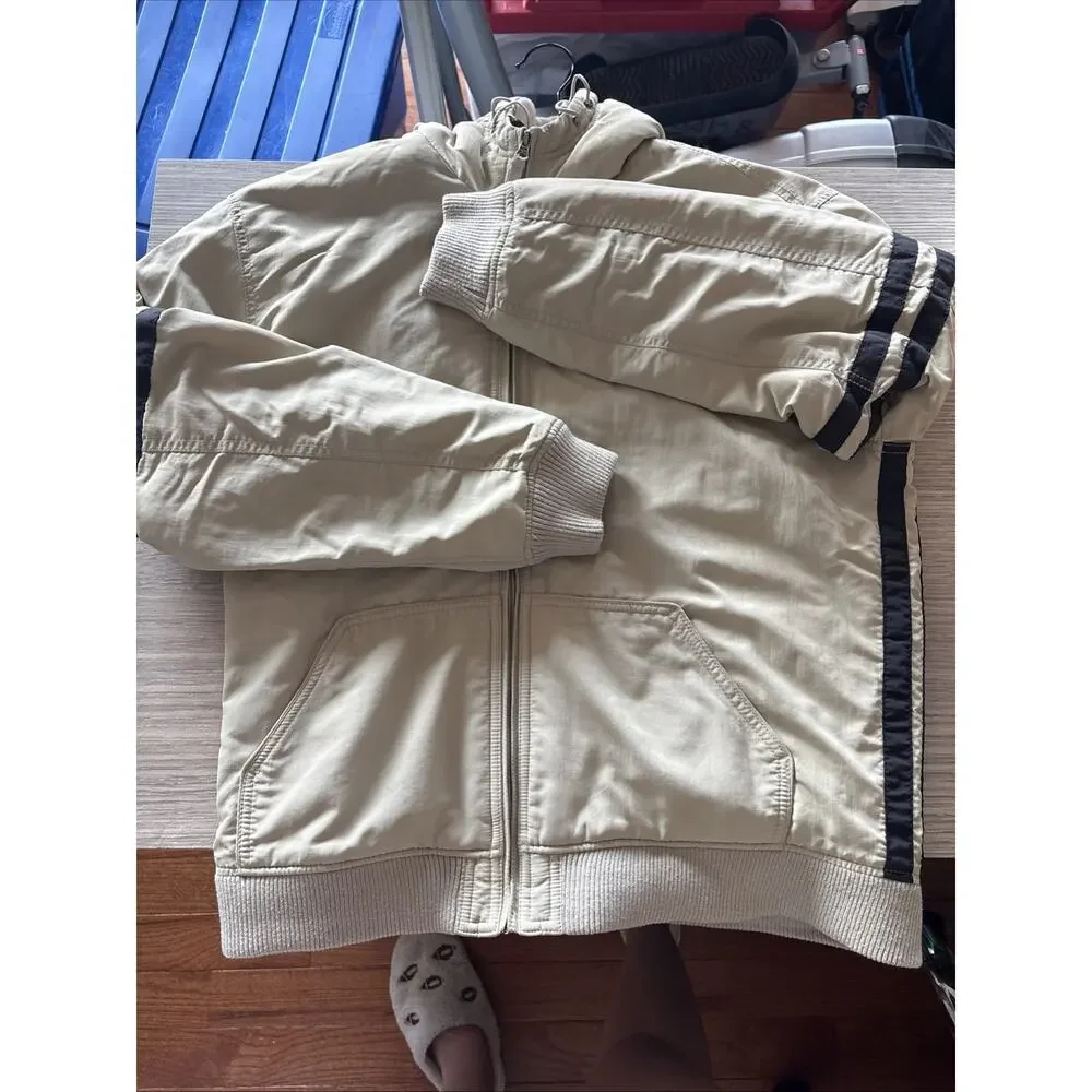 Arizona Jean Co Hooded Bomber Jacket Tan Beige Full Zip Striped Sleeve L